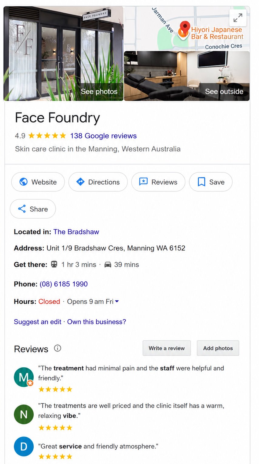 Face Foundry Google Business Profile: 4.9 stars from 138 Google reviews